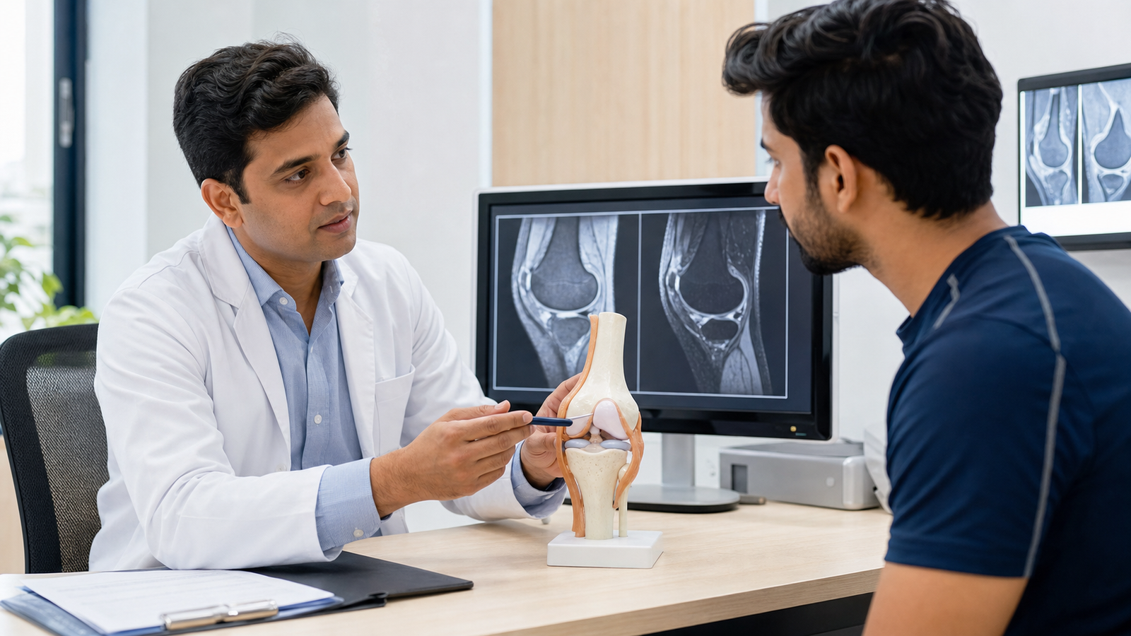 Doctor explaining ACL tear with meniscus injury using knee model and MRI