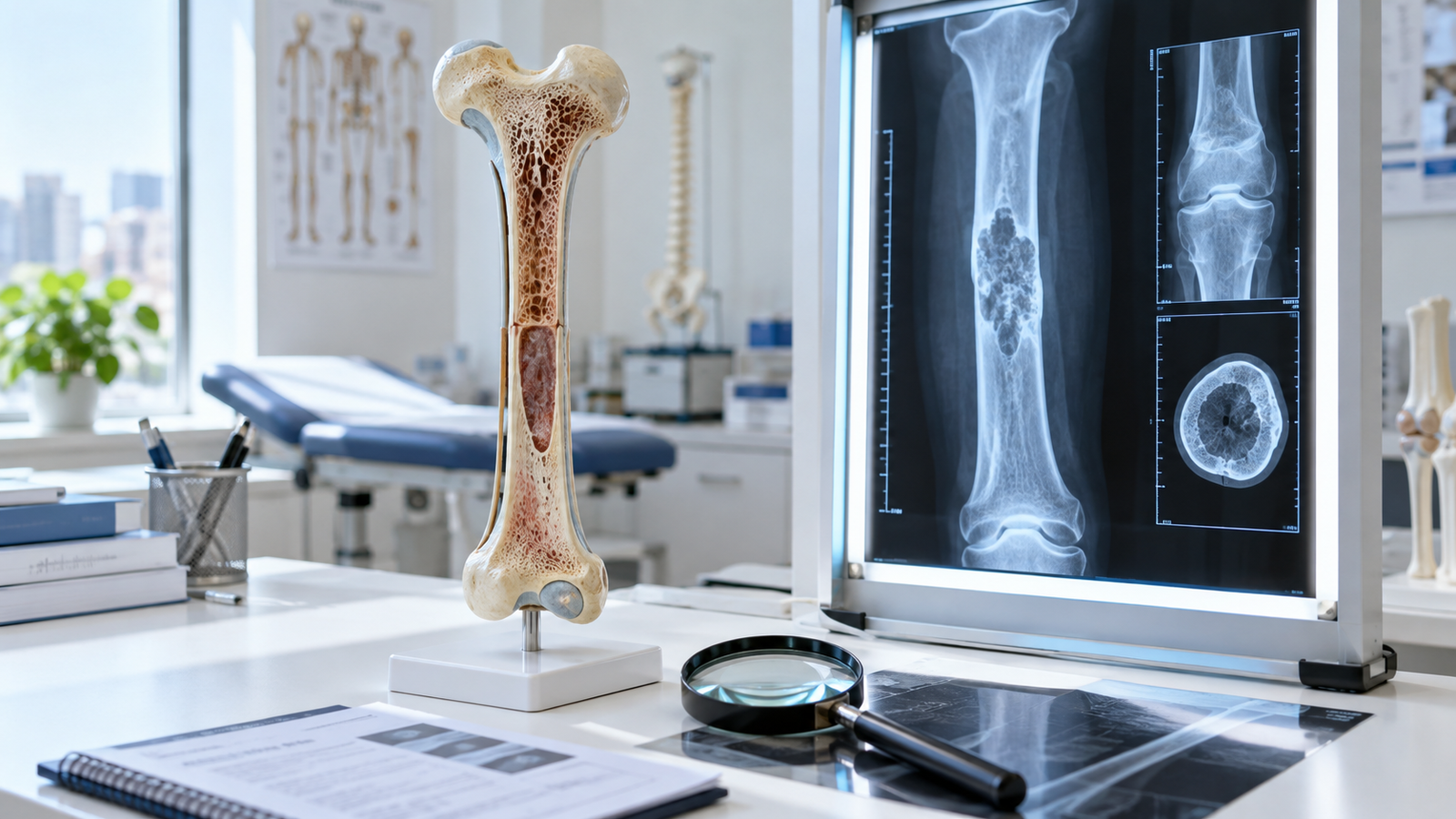 Long-bone model and diagnostic X-rays used to evaluate a suspicious bone lesion