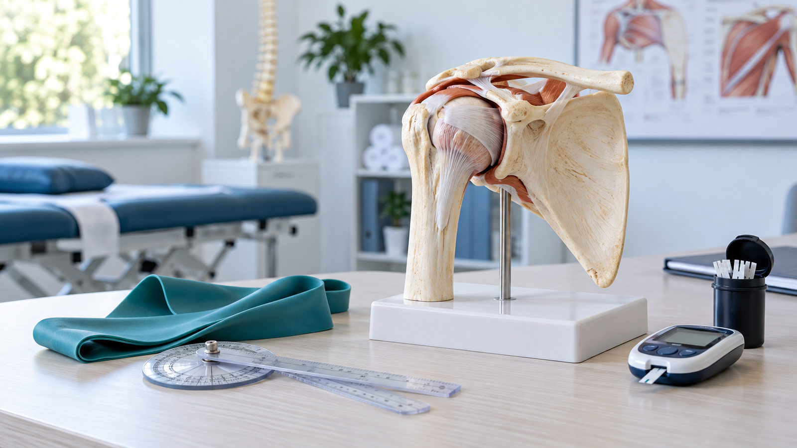 Shoulder model, mobility tools, and glucose meter for frozen shoulder assessment in diabetes