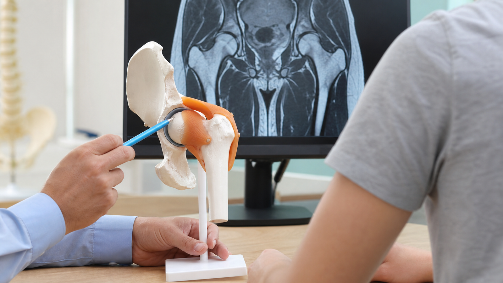 Faceless hip model and MRI consultation for young adult hip pain