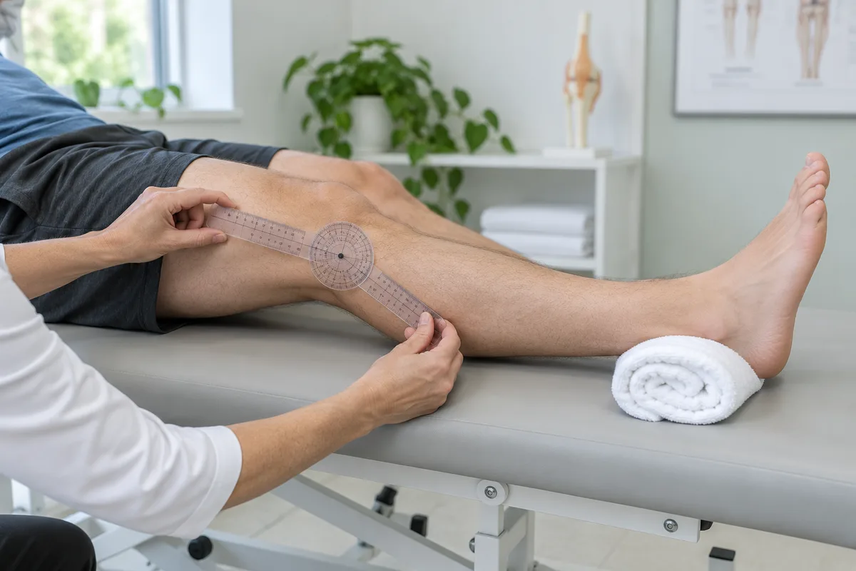 Knee extension assessed with a goniometer during rehabilitation