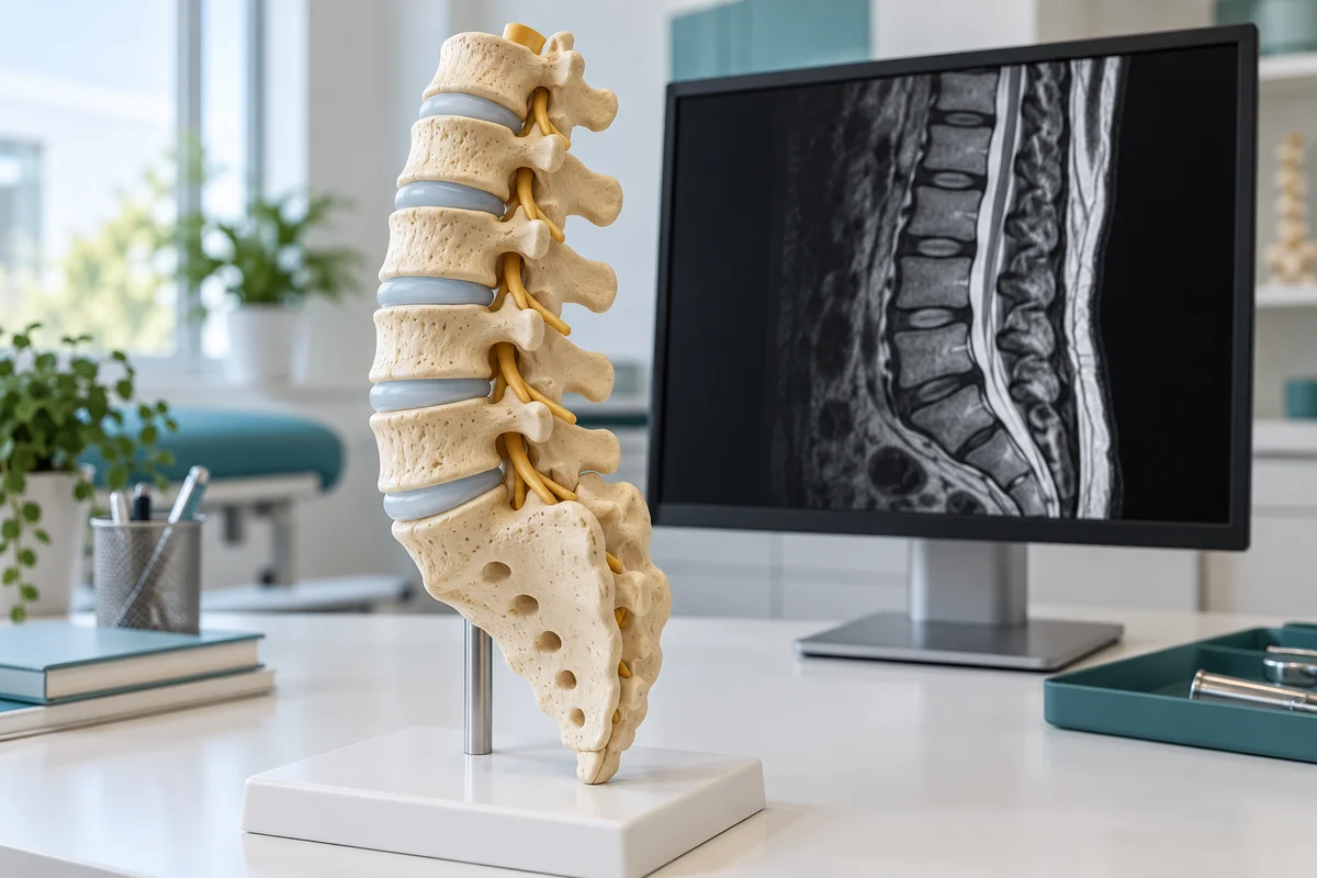 Lumbar spine teaching model beside an illustrative spine MRI display