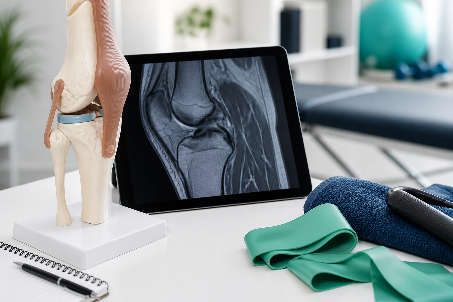 Knee model, MRI scan, and rehab band for partial ACL tear assessment