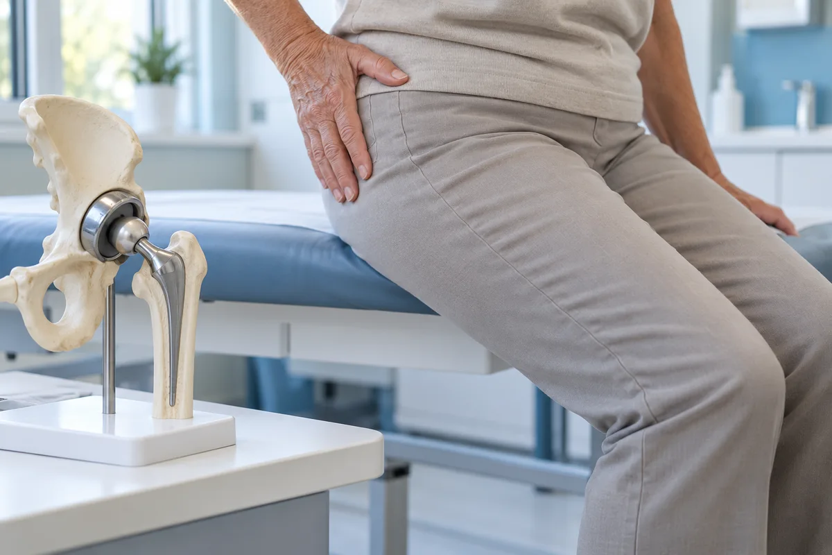 Illustration of an adult indicating hip discomfort beside a hip replacement teaching model