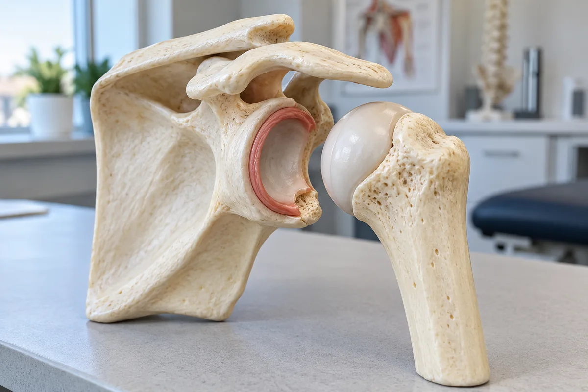 Illustrative shoulder teaching model showing the glenoid socket and upper arm bone