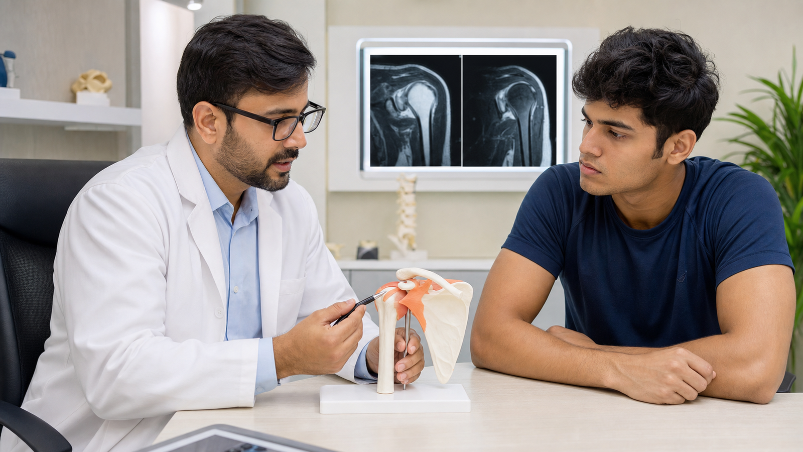 Doctor explaining shoulder instability and Bankart repair after first dislocation