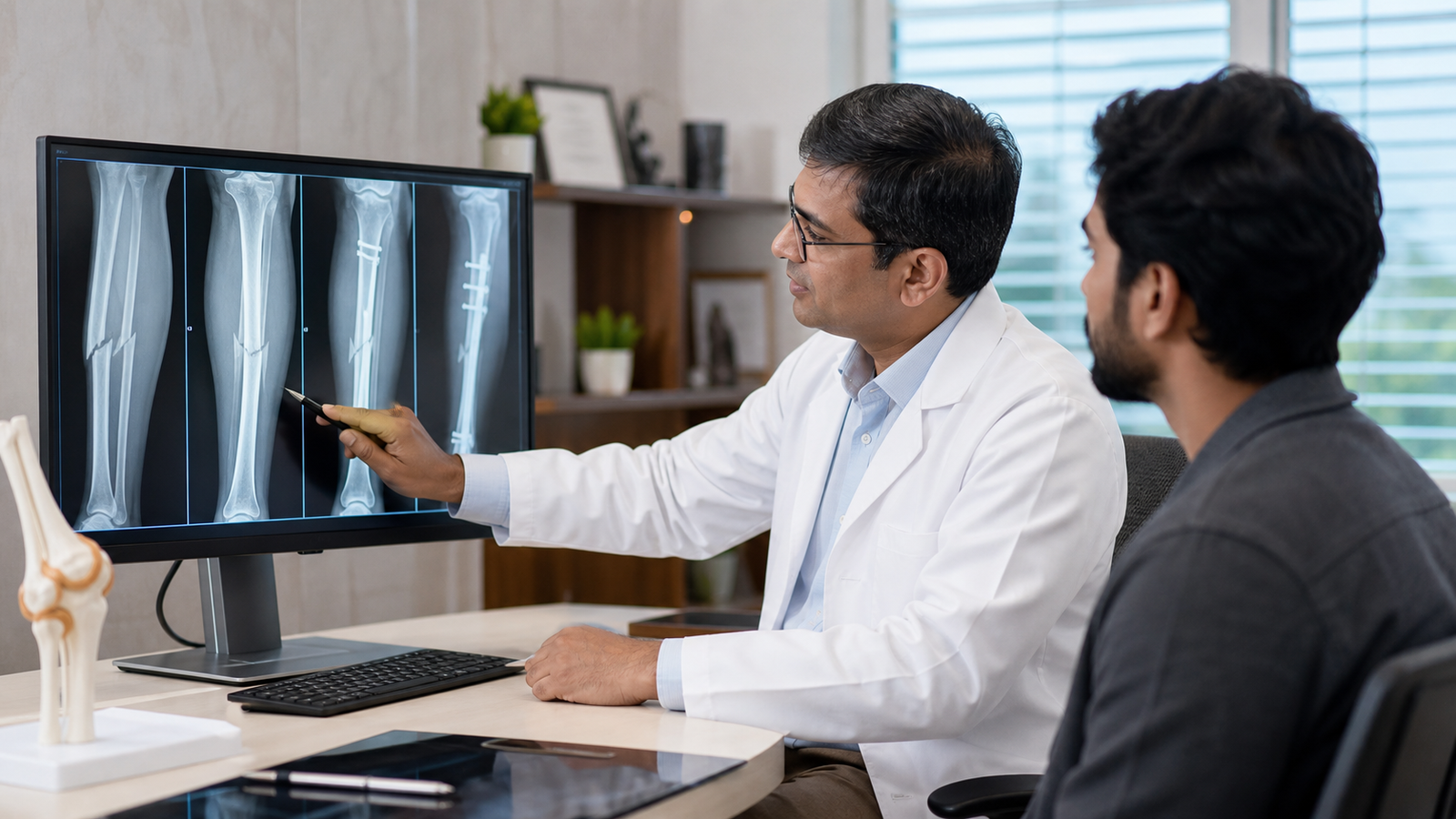 Orthopaedic doctor reviewing fracture healing X-ray for delayed union and nonunion